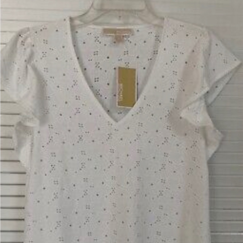Michael Kors White Eyelet V Neck Shirt